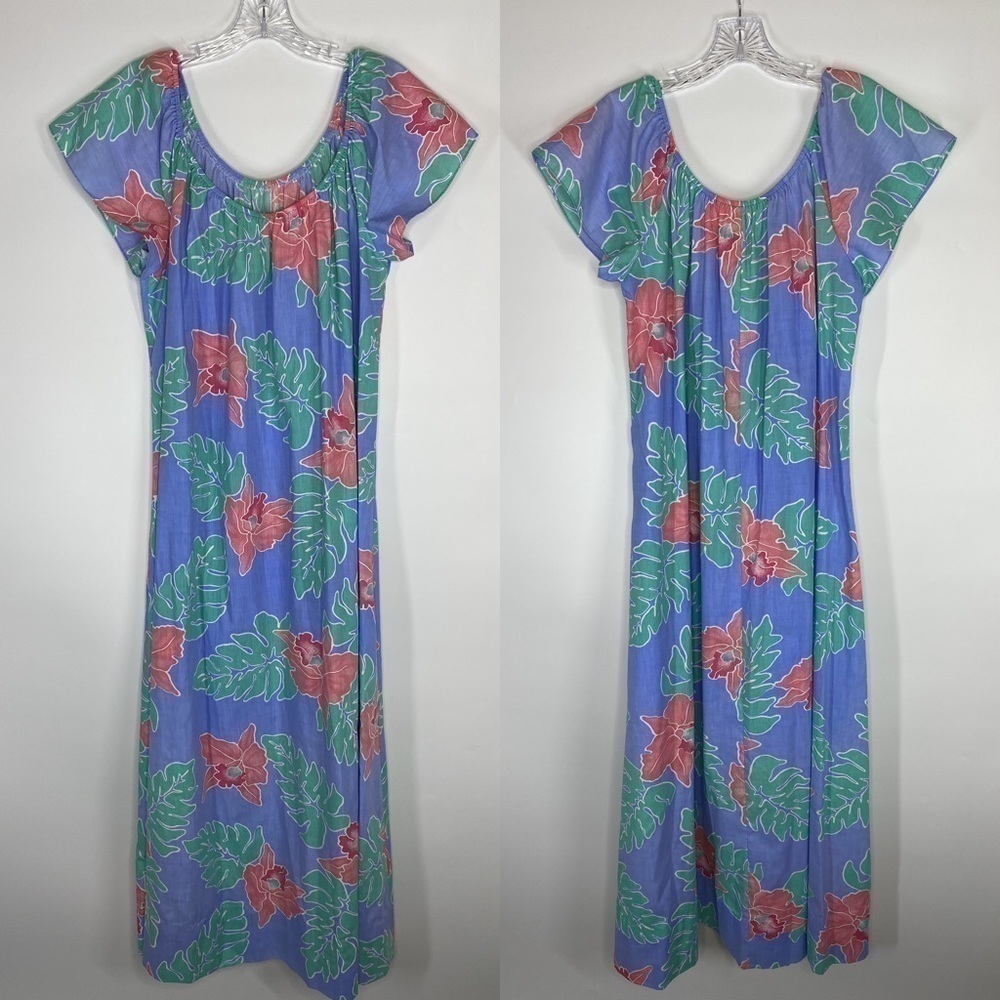 Vintage Hilo Hattie Tropical Hawaiian Blue Floral Maxi Dress Size Large